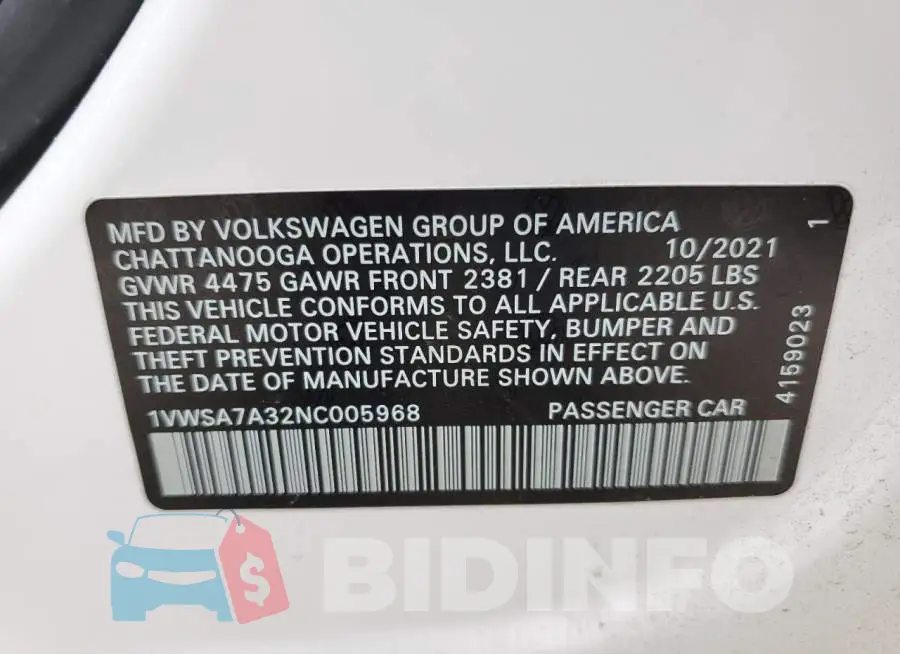1VWSA7A32NC005968 Photo# 12