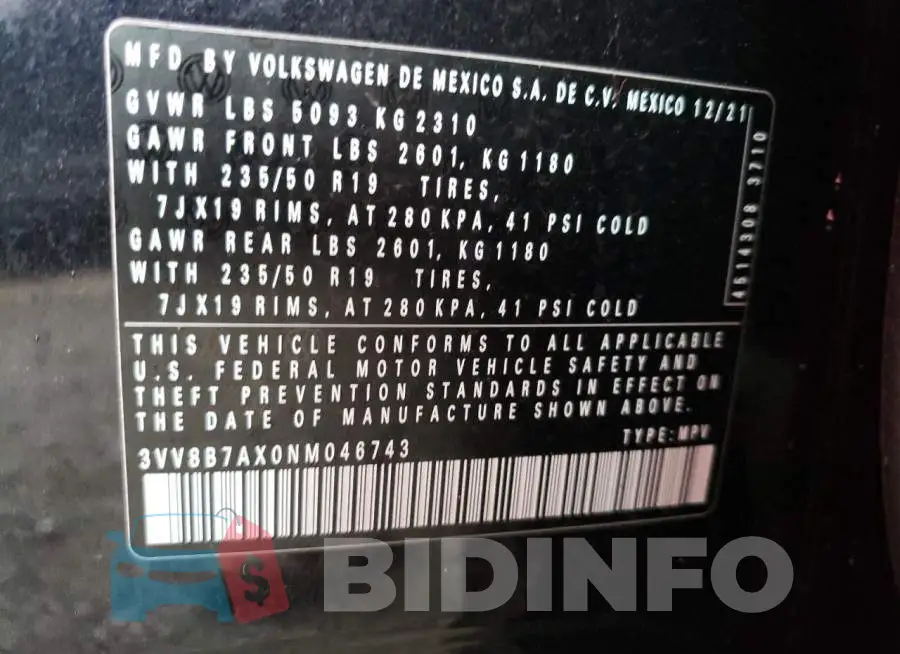 3VV8B7AX0NM046743 Photo# 13