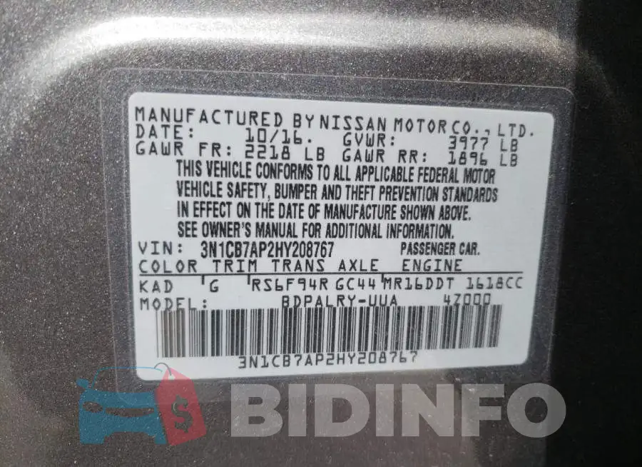 3N1CB7AP2HY208767 Photo# 13