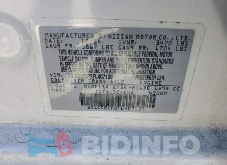 3N1CE2CP2FL407139 Photo# 13
