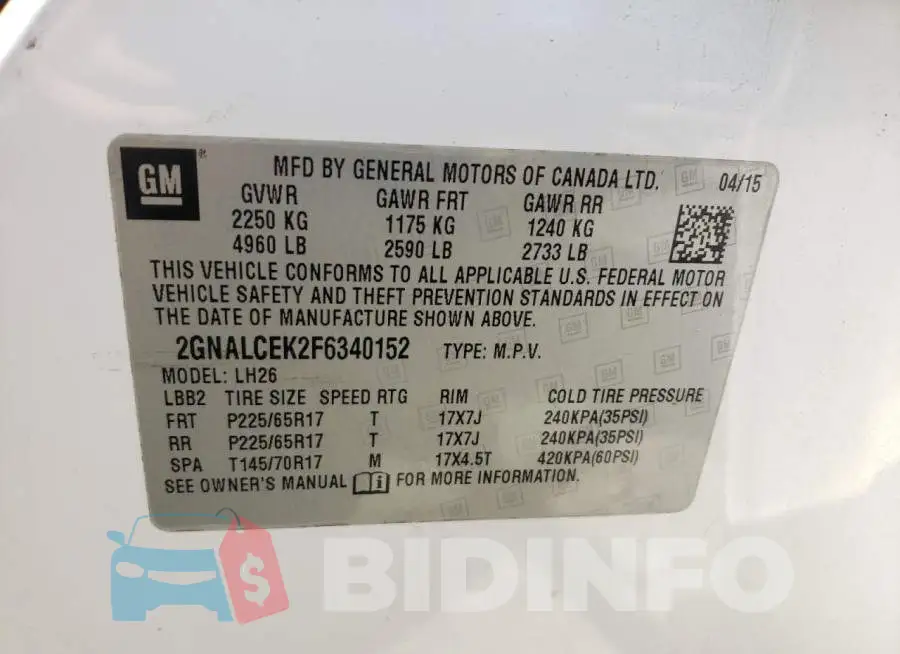 2GNALCEK2F6340152 Photo# 10