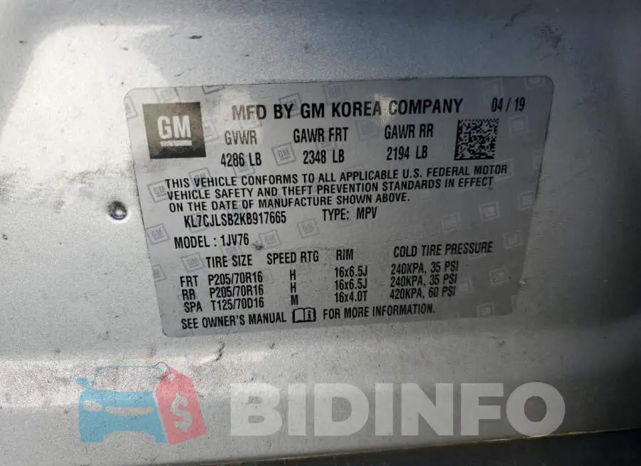 KL7CJLSB2KB917665 Photo# 13