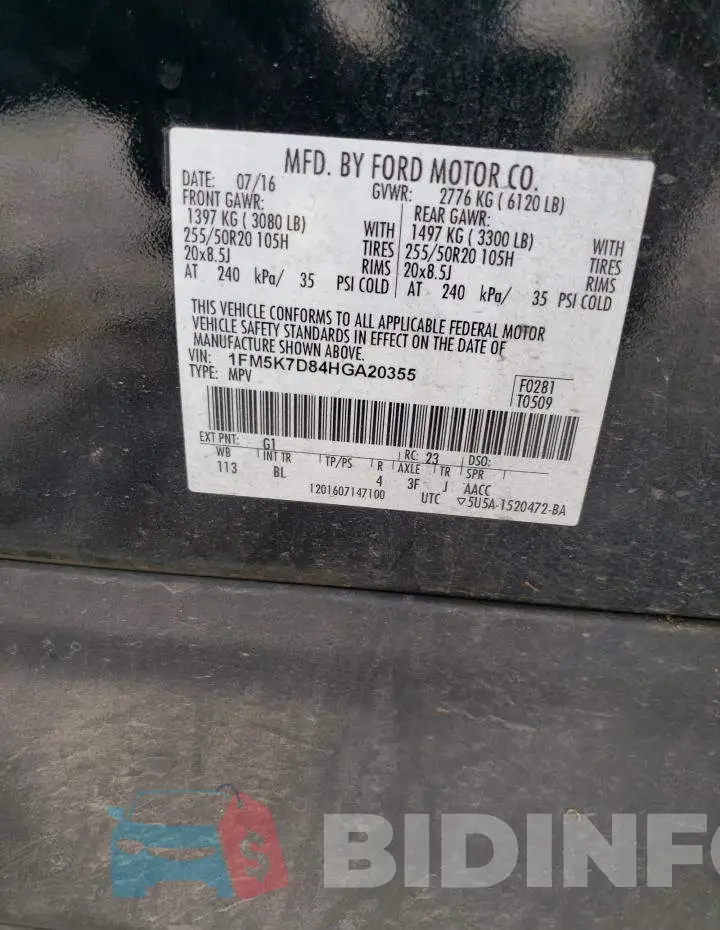 1FM5K7D84HGA20355 Photo# 13