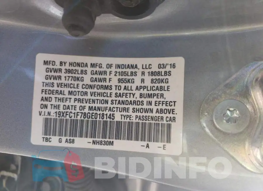 19XFC1F78GE018145 Photo# 10