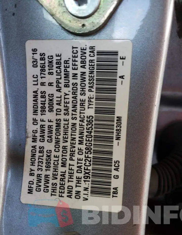 19XFC2F58GE045365 Photo# 12