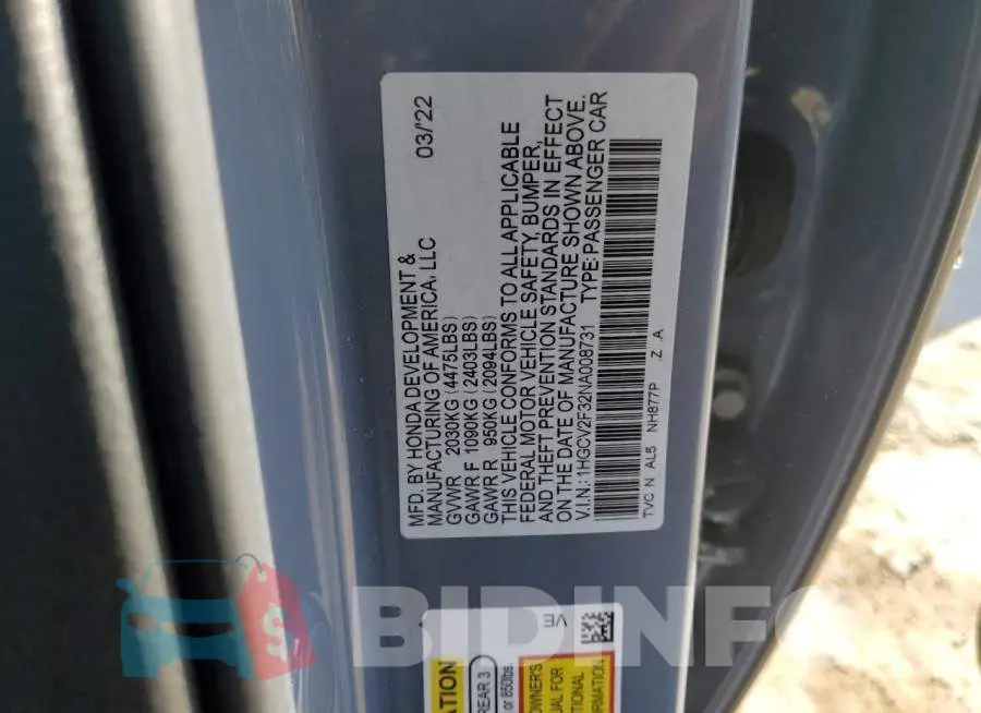 1HGCV2F32NA008731 Photo# 12