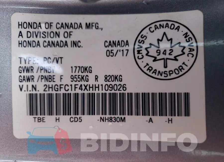 2HGFC1F4XHH109026 Photo# 12