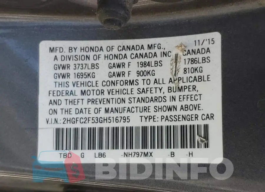 2HGFC2F53GH516795 Photo# 13