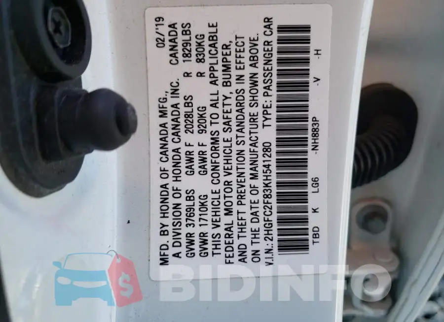 2HGFC2F83KH541280 Photo# 12