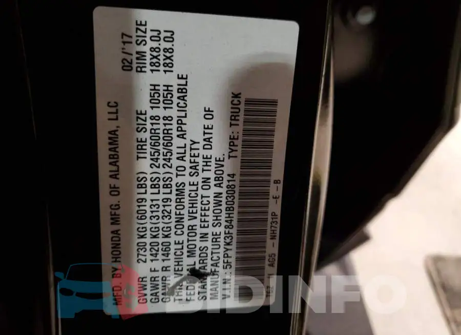 5FPYK3F84HB030814 Photo# 13