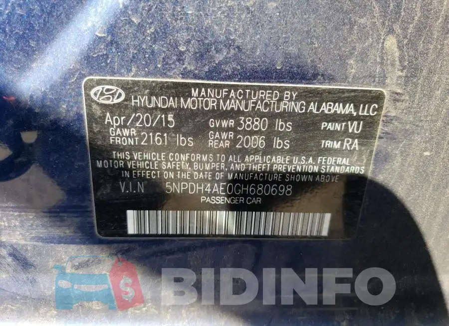 5NPDH4AE0GH680698 Photo# 12