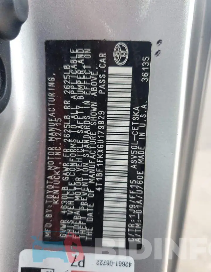 4T1BF1FKXGU179829 Photo# 12