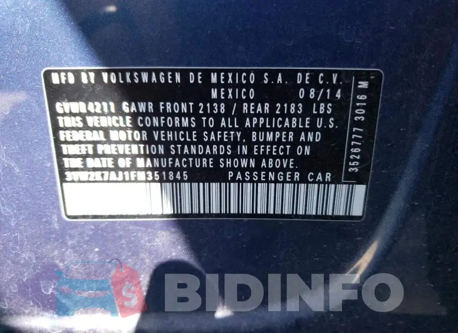 3VW2K7AJ1FM351845 Photo# 12