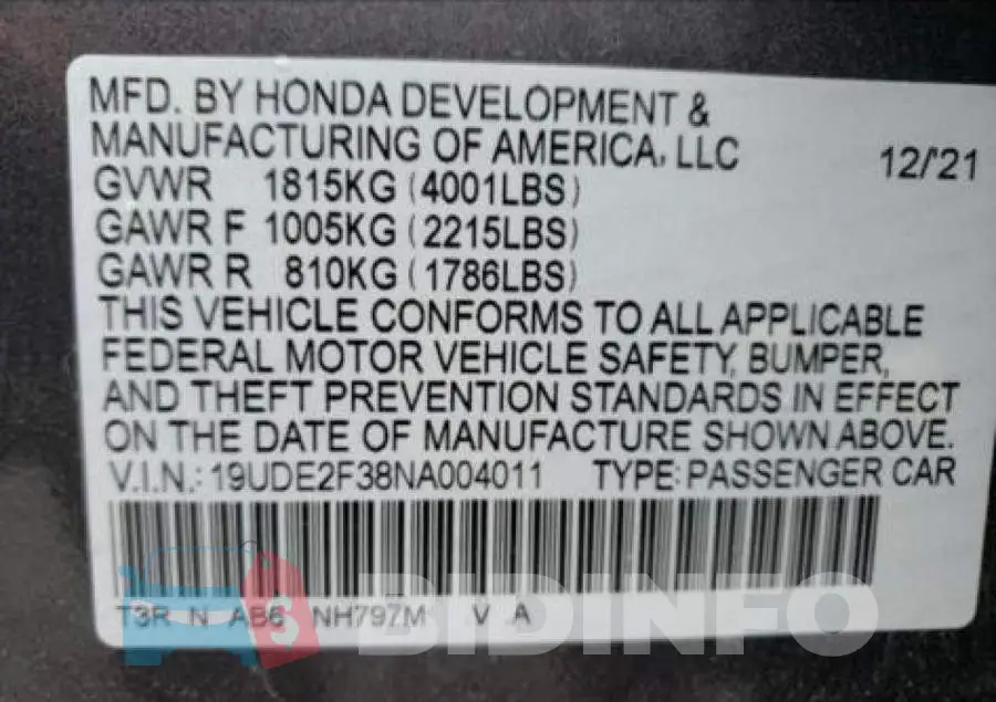 19UDE2F38NA004011 Photo# 10