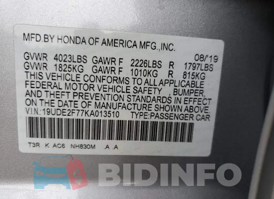 19UDE2F77KA013510 Photo# 12