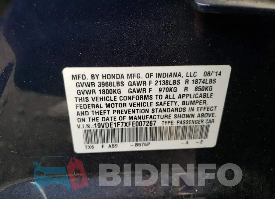 19VDE1F7XFE007267 Photo# 12