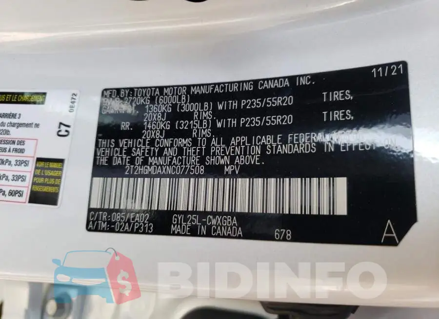 2T2HGMDAXNC077508 Photo# 14