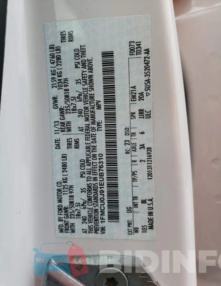 1FMCU0J91EUB76310 Photo# 13