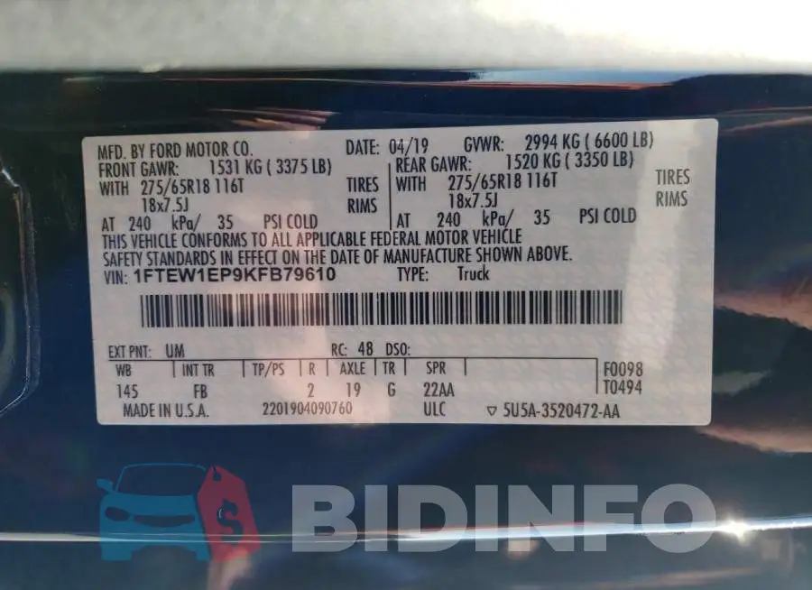1FTEW1EP9KFB79610 Photo# 12