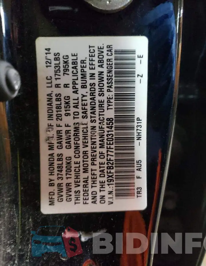 19XFB2F77FE031458 Photo# 12