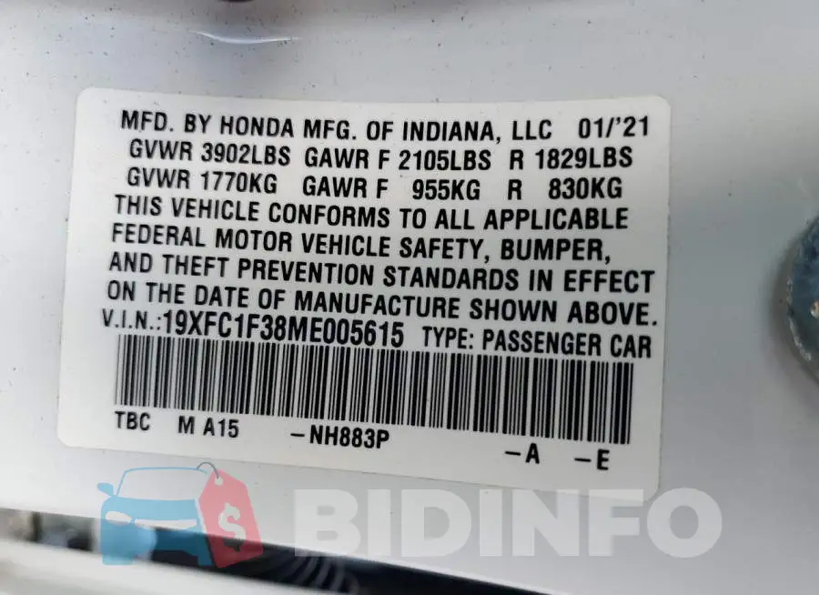 19XFC1F38ME005615 Photo# 12