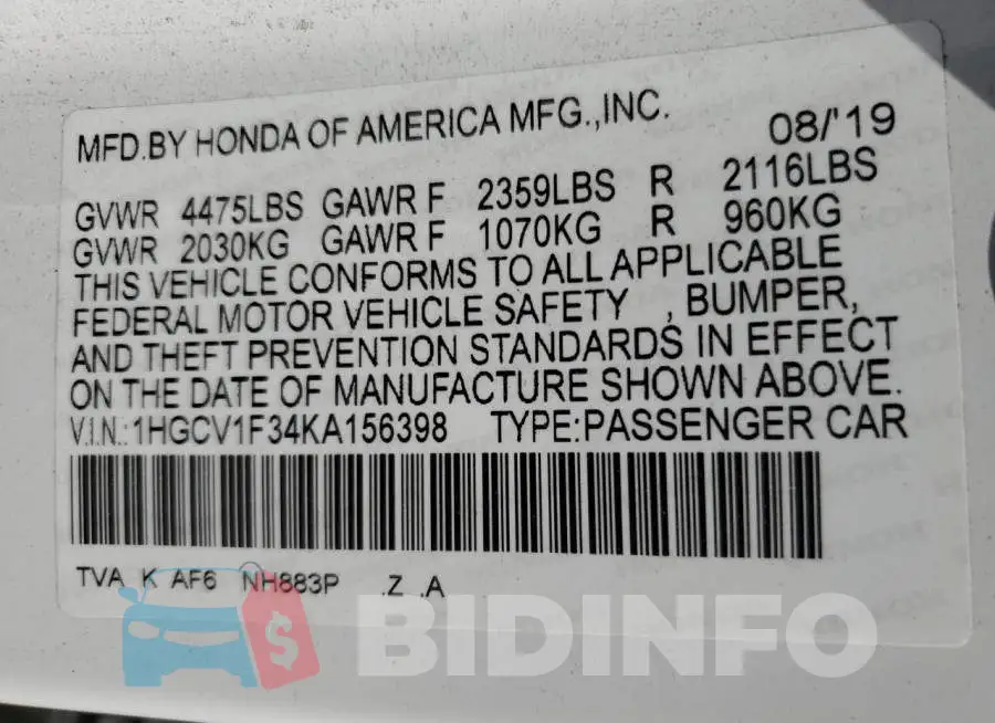 1HGCV1F34KA156398 Photo# 12