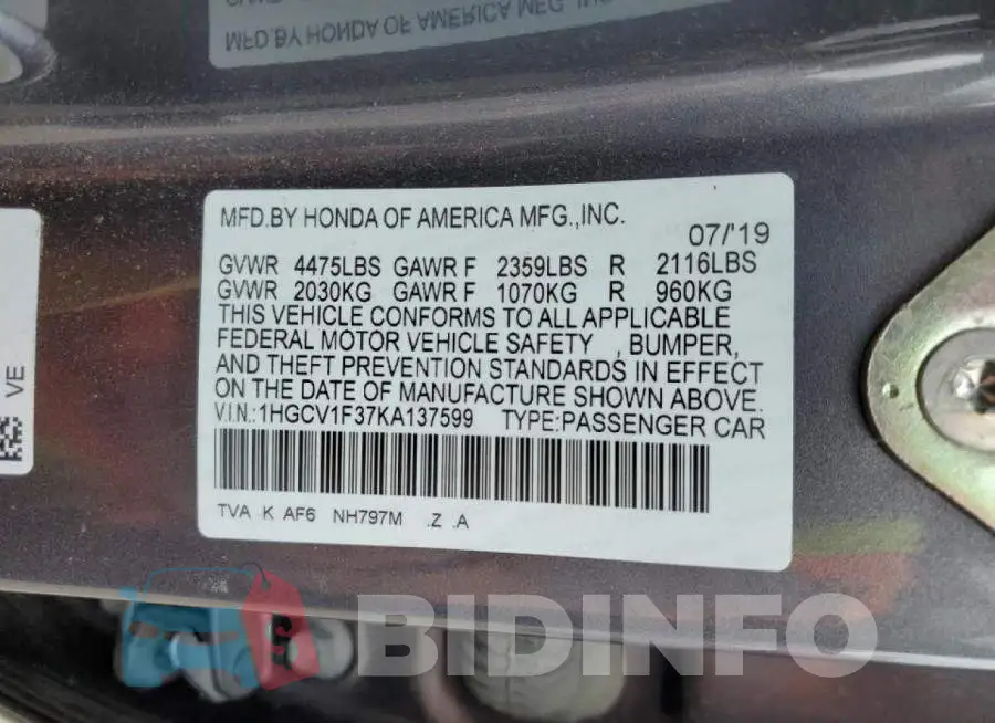1HGCV1F37KA137599 Photo# 12