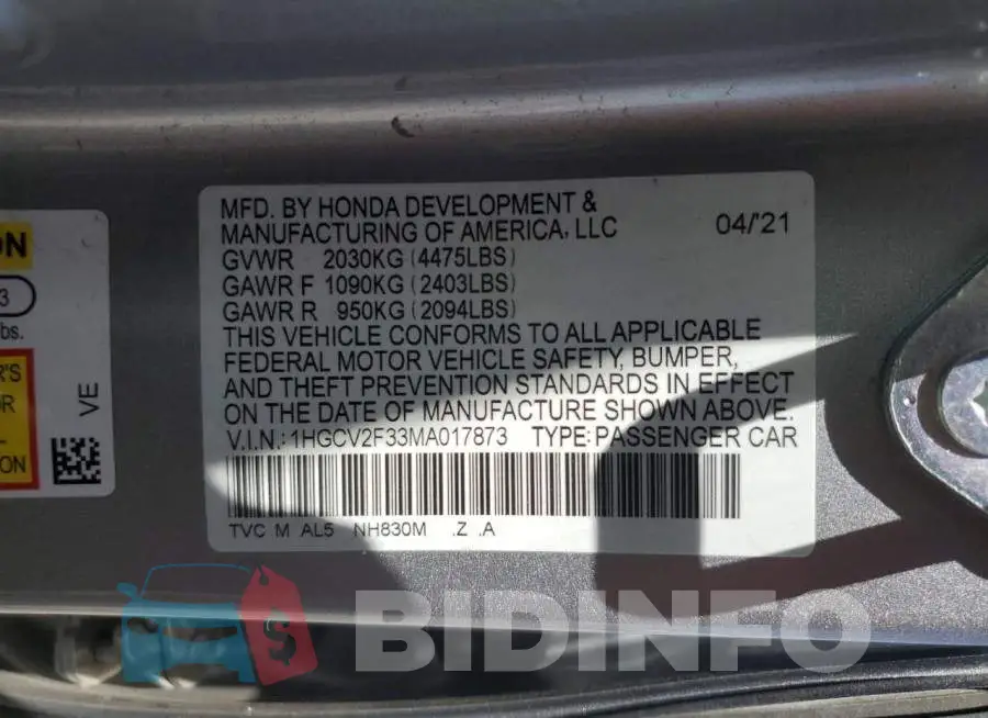 1HGCV2F33MA017873 Photo# 12