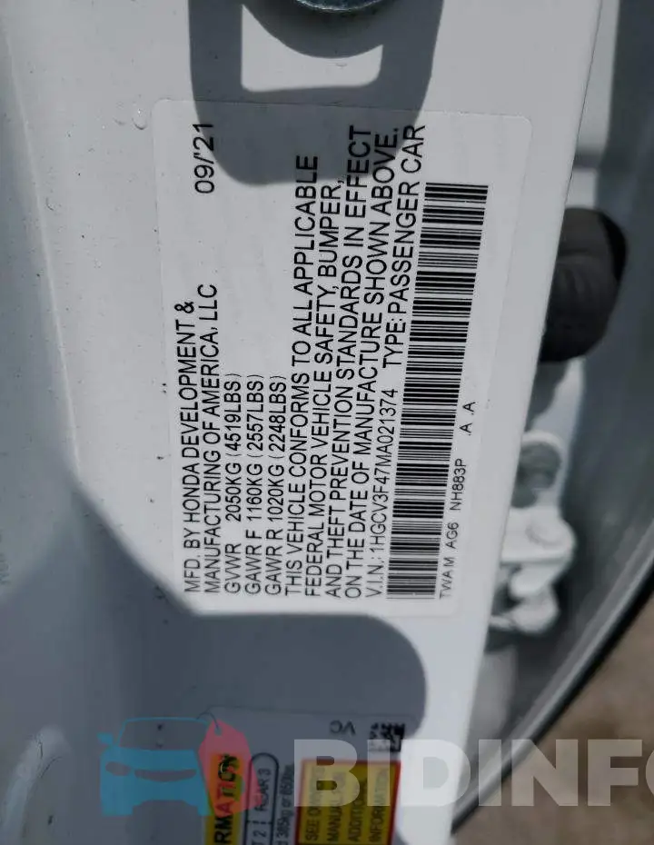 1HGCV3F47MA021374 Photo# 12