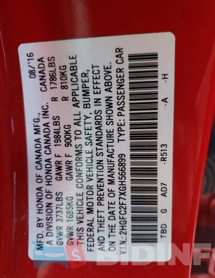 2HGFC2F7XGH566899 Photo# 12