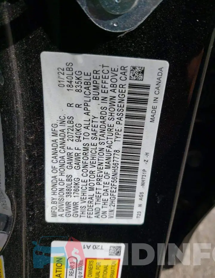 2HGFE2F56NH567778 Photo# 12