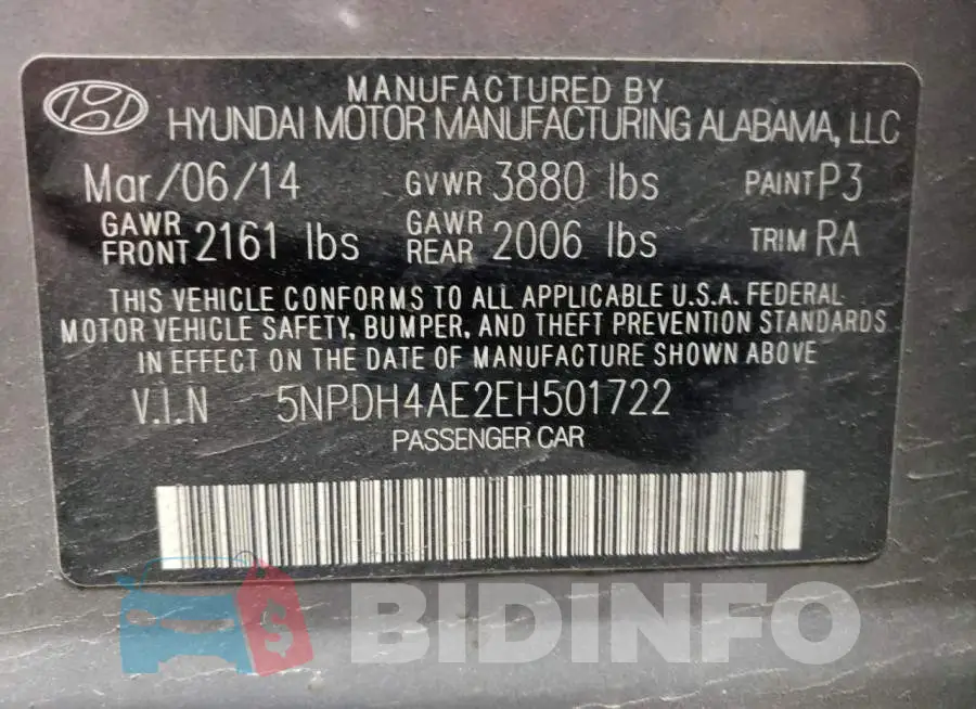 5NPDH4AE2EH501722 Photo# 12