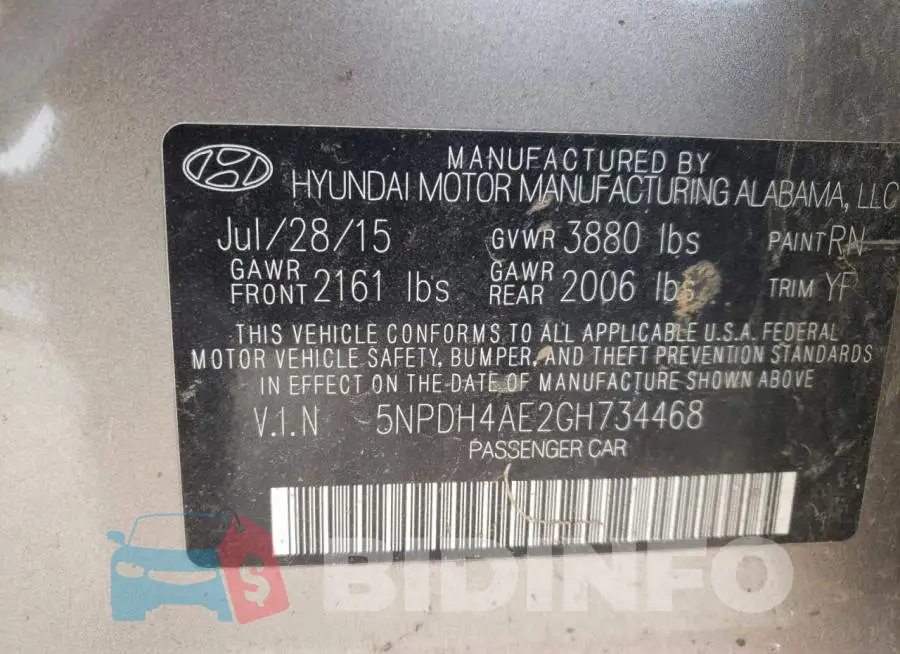 5NPDH4AE2GH734468 Photo# 10