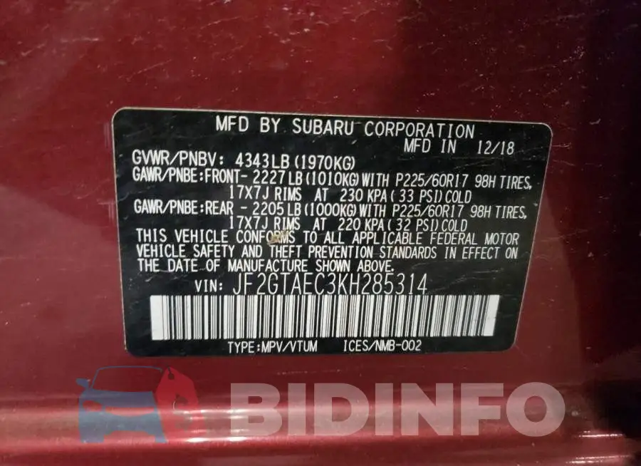 JF2GTAEC3KH285314 Photo# 13