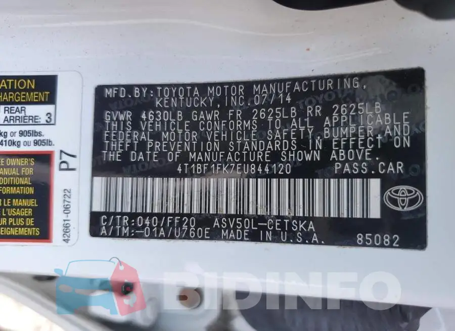 4T1BF1FK7EU844120 Photo# 12