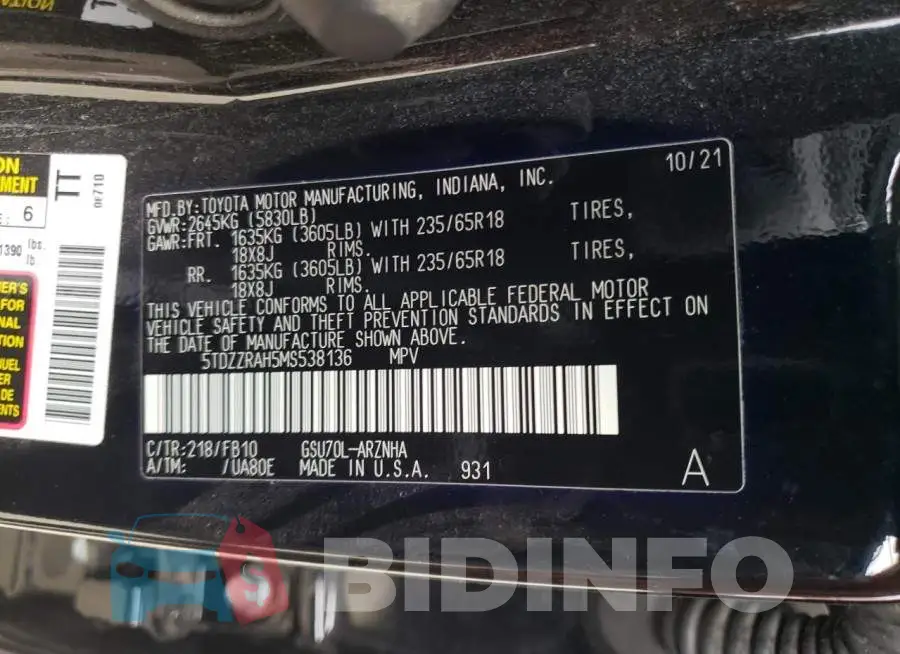 5TDZZRAH5MS538136 Photo# 13