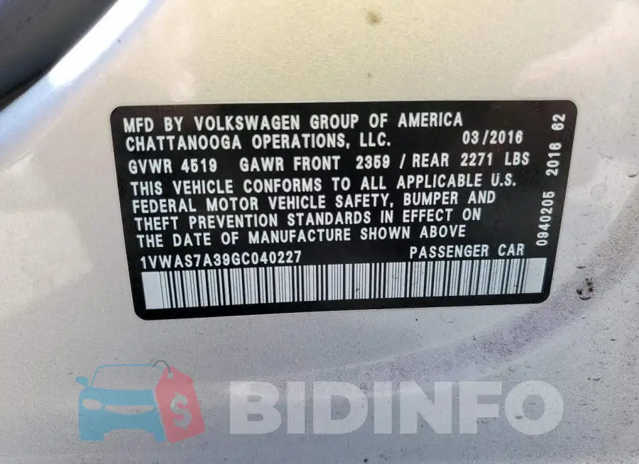 1VWAS7A39GC040227 Photo# 12