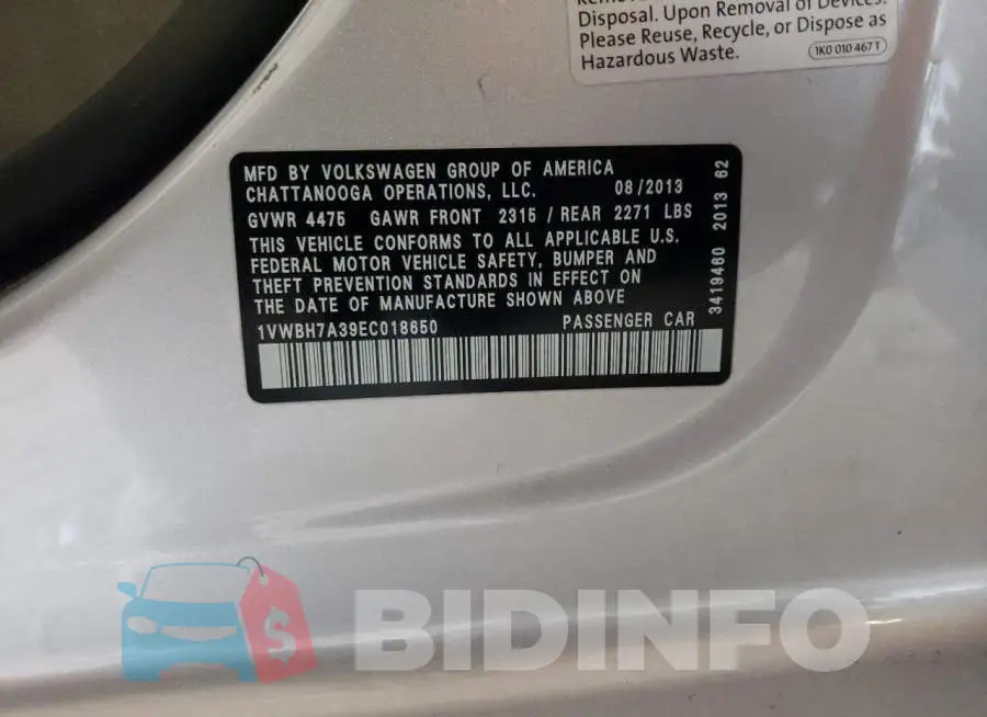 1VWBH7A39EC018650 Photo# 13