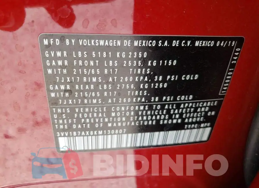 3VV1B7AX8KM130807 Photo# 13
