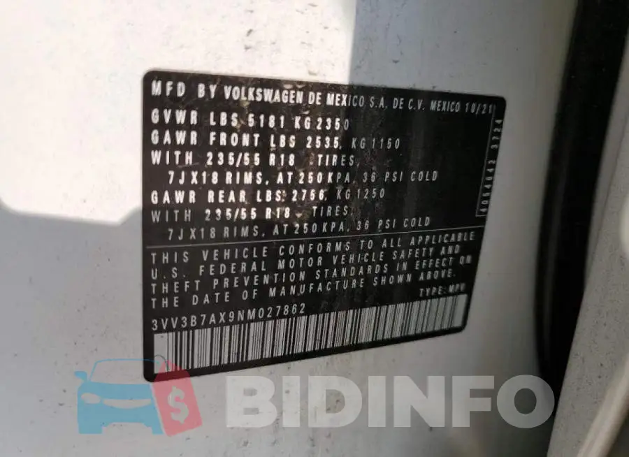 3VV3B7AX9NM027862 Photo# 13