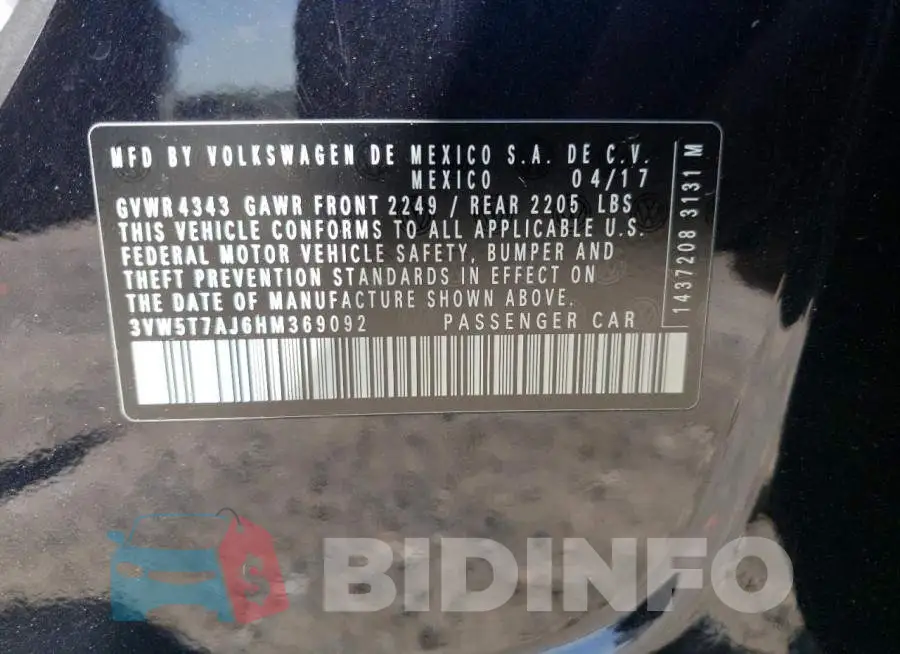 3VW5T7AJ6HM369092 Photo# 12