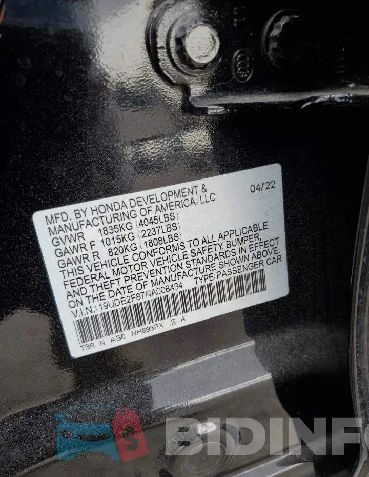 19UDE2F87NA008434 Photo# 12