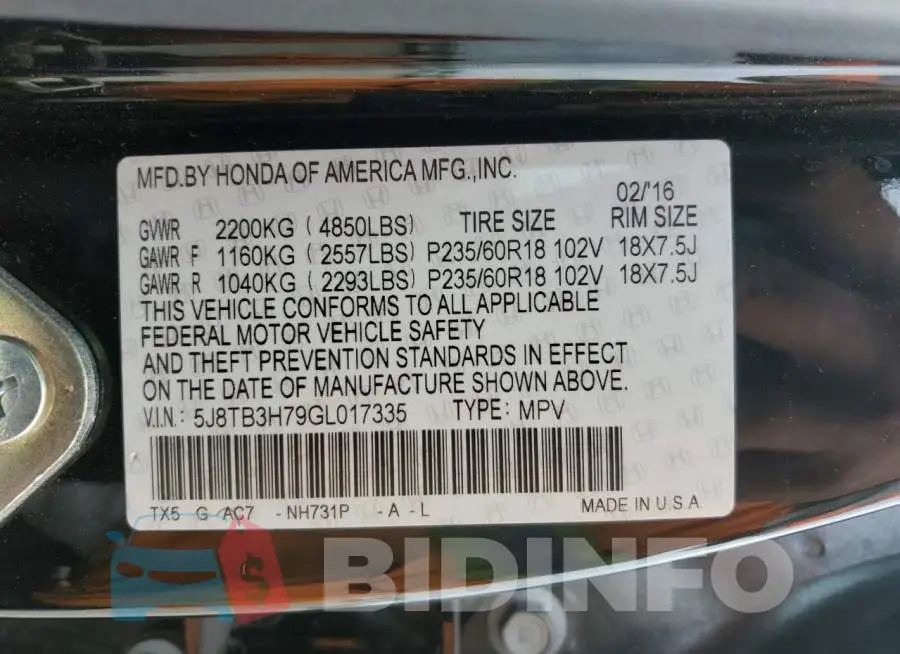 5J8TB3H79GL017335 Photo# 13