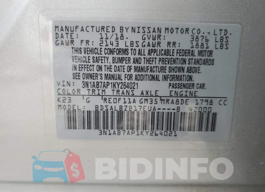 3N1AB7AP1KY264021 Photo# 13