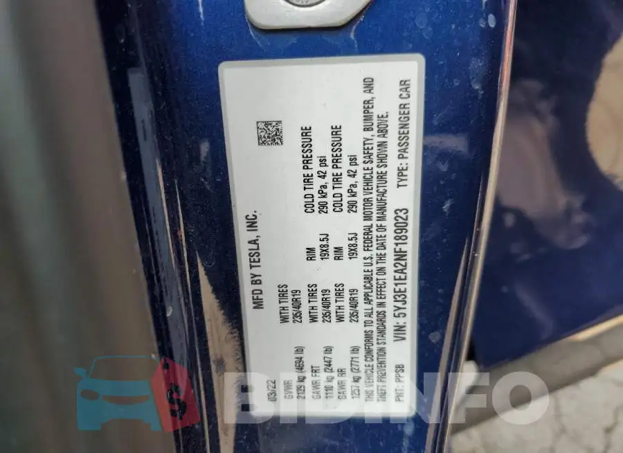 5YJ3E1EA2NF189023 Photo# 12