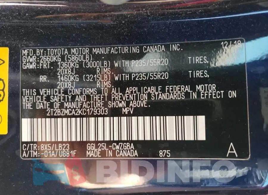 2T2BZMCA2KC179303 Photo# 12