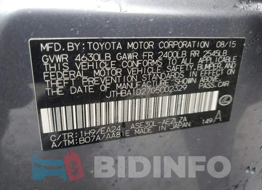 JTHBA1D27G5002329 Photo# 12