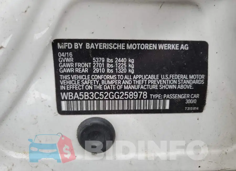 WBA5B3C52GG258978 Photo# 10