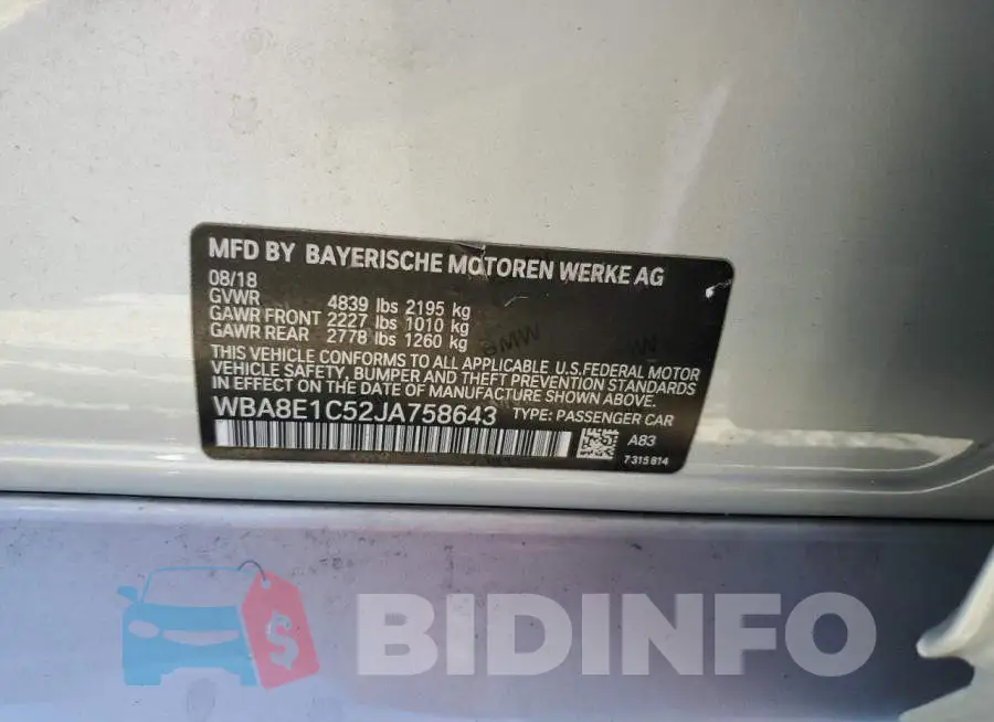 WBA8E1C52JA758643 Photo# 12