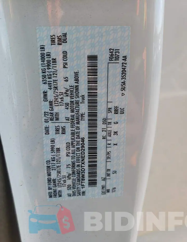 1FT8W3DTXNED29046 Photo# 13